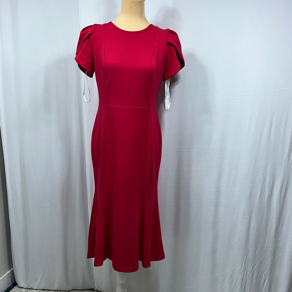 Calvin Klein Magenta Midi Dress with Puff Sleeves